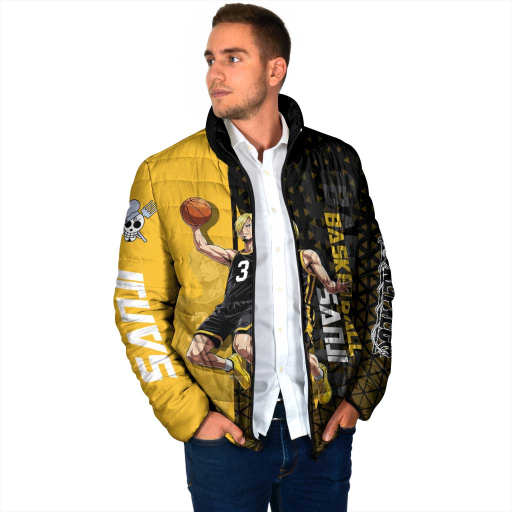 Sanji One Piece Basketball Theme Yellow and Black Design Padded Jacket with Pirate Chef Logo and Jump Shot Pose - The Mazicc