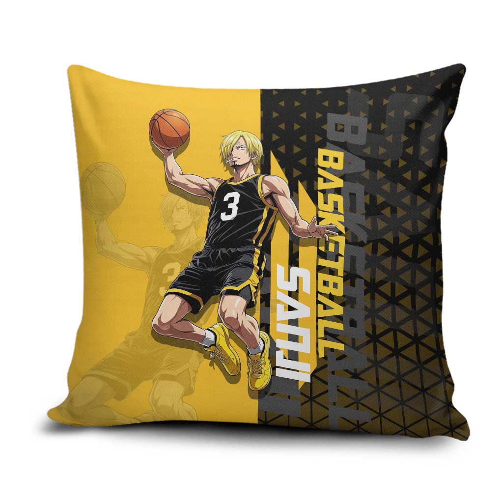 Sanji One Piece Basketball Theme Yellow and Black Design Pillow Cover with Pirate Chef Logo and Jump Shot Pose - The Mazicc