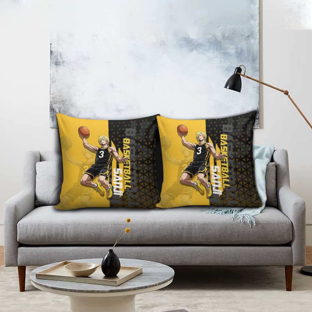 Sanji One Piece Basketball Theme Yellow and Black Design Pillow Cover with Pirate Chef Logo and Jump Shot Pose - The Mazicc