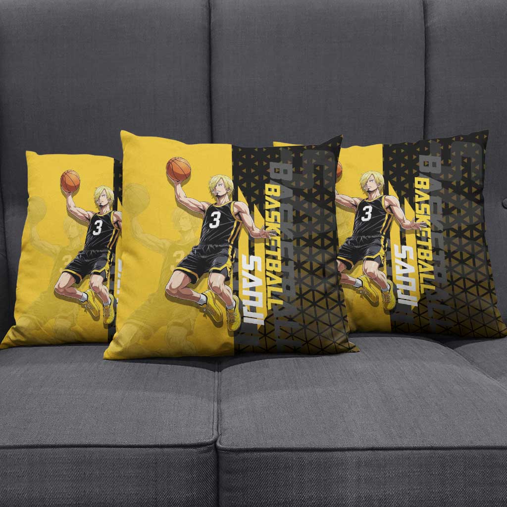 Sanji One Piece Basketball Theme Yellow and Black Design Pillow Cover with Pirate Chef Logo and Jump Shot Pose - The Mazicc