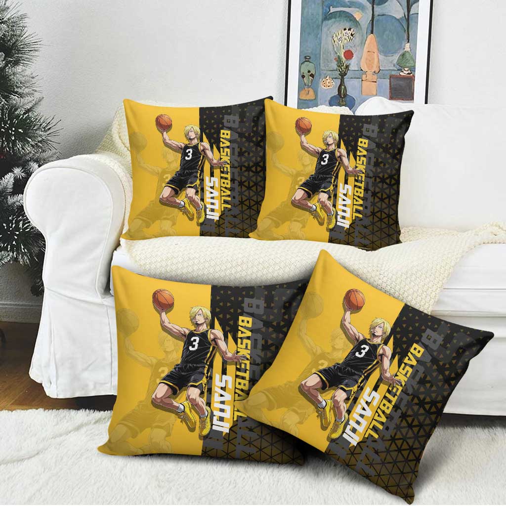 Sanji One Piece Basketball Theme Yellow and Black Design Pillow Cover with Pirate Chef Logo and Jump Shot Pose - The Mazicc