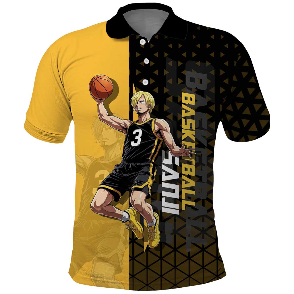 Sanji One Piece Basketball Theme Yellow and Black Design Polo Shirt with Pirate Chef Logo and Jump Shot Pose - The Mazicc