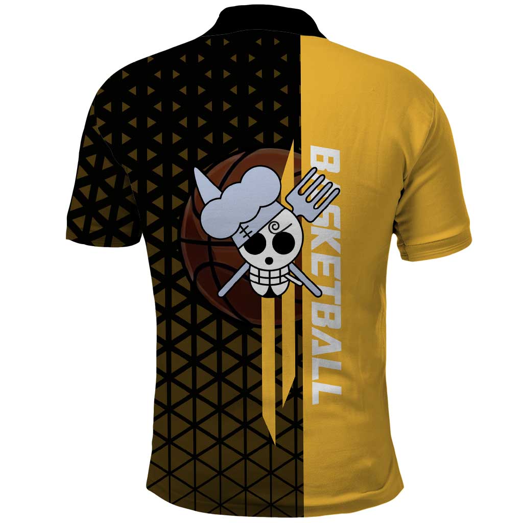 Sanji One Piece Basketball Theme Yellow and Black Design Polo Shirt with Pirate Chef Logo and Jump Shot Pose - The Mazicc