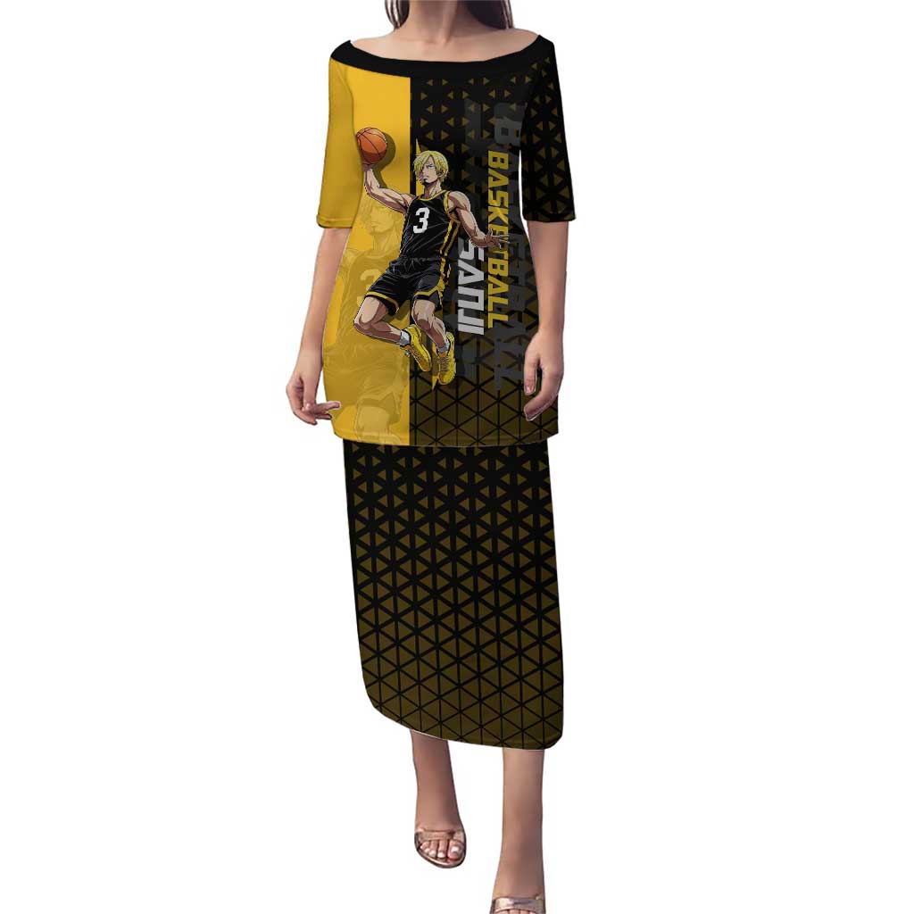 Sanji One Piece Basketball Theme Yellow and Black Design Puletasi with Pirate Chef Logo and Jump Shot Pose - The Mazicc
