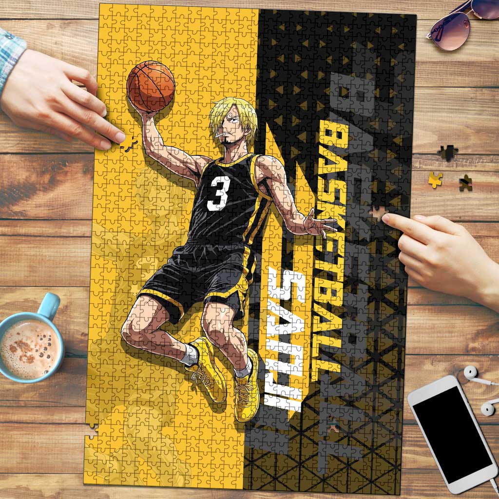 Sanji One Piece Basketball Theme Yellow and Black Design Puzzle with Pirate Chef Logo and Jump Shot Pose - The Mazicc