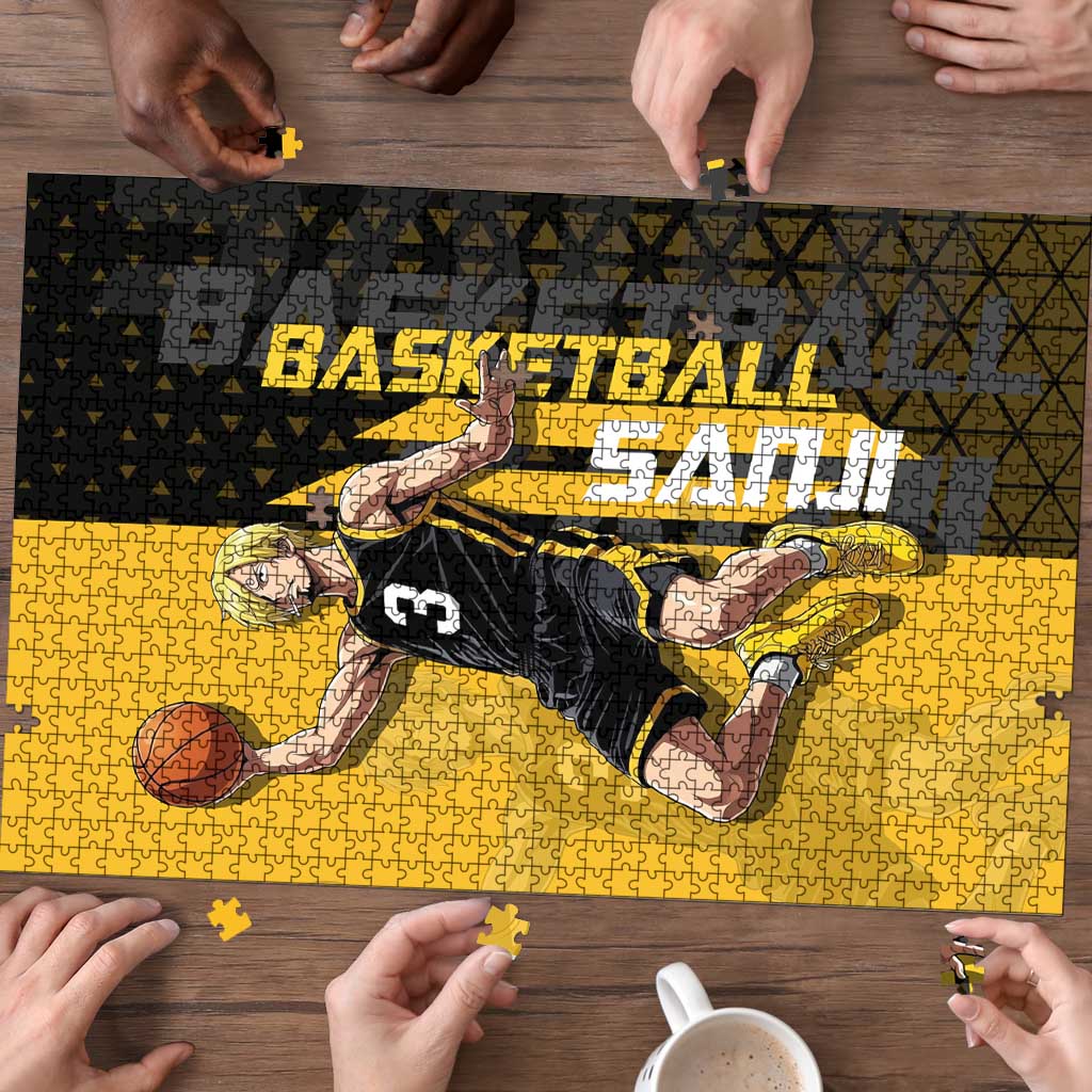 Sanji One Piece Basketball Theme Yellow and Black Design Puzzle with Pirate Chef Logo and Jump Shot Pose - The Mazicc