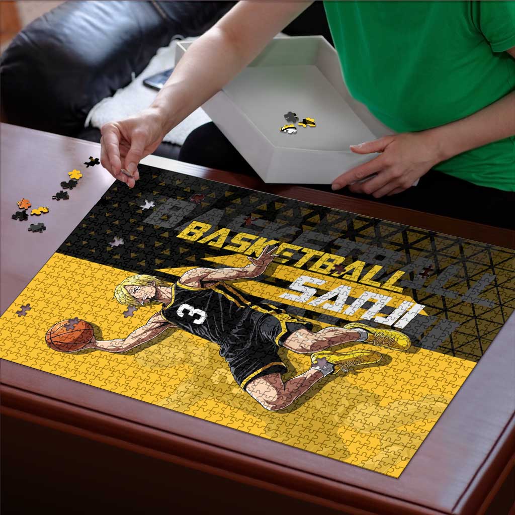 Sanji One Piece Basketball Theme Yellow and Black Design Puzzle with Pirate Chef Logo and Jump Shot Pose - The Mazicc