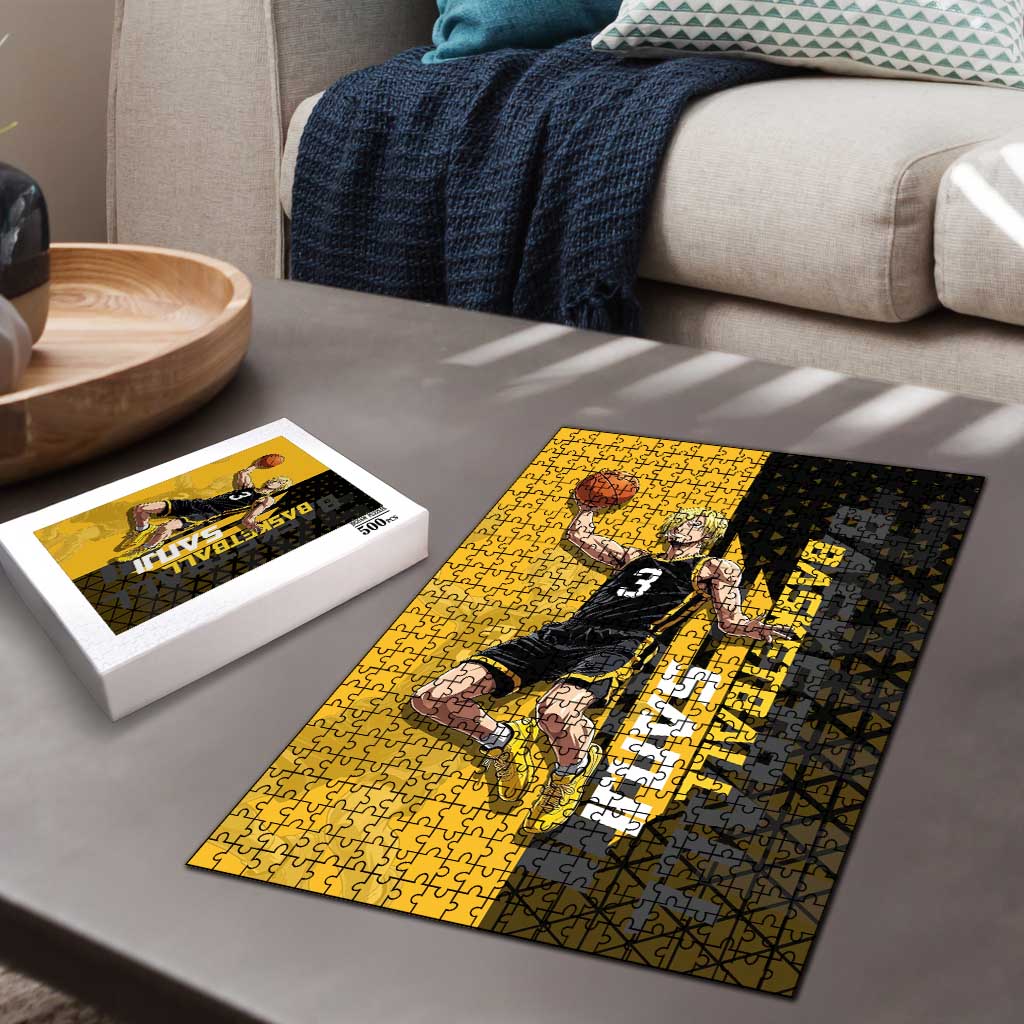 Sanji One Piece Basketball Theme Yellow and Black Design Puzzle with Pirate Chef Logo and Jump Shot Pose - The Mazicc