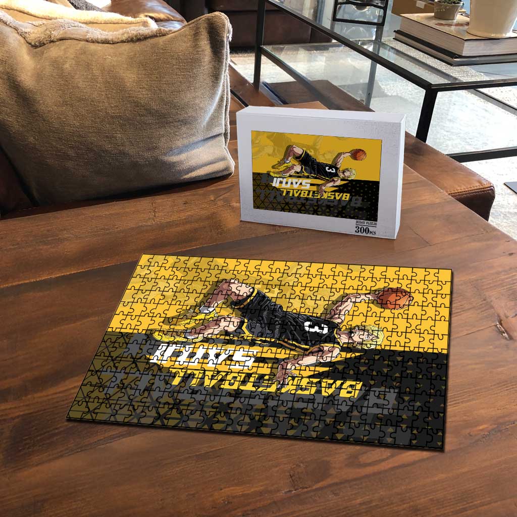 Sanji One Piece Basketball Theme Yellow and Black Design Puzzle with Pirate Chef Logo and Jump Shot Pose - The Mazicc