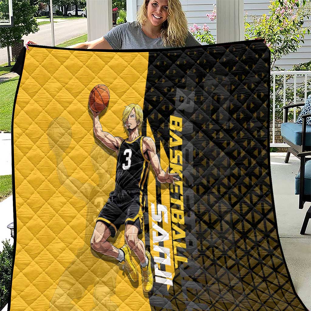 Sanji One Piece Basketball Theme Yellow and Black Design Quilt with Pirate Chef Logo and Jump Shot Pose - The Mazicc