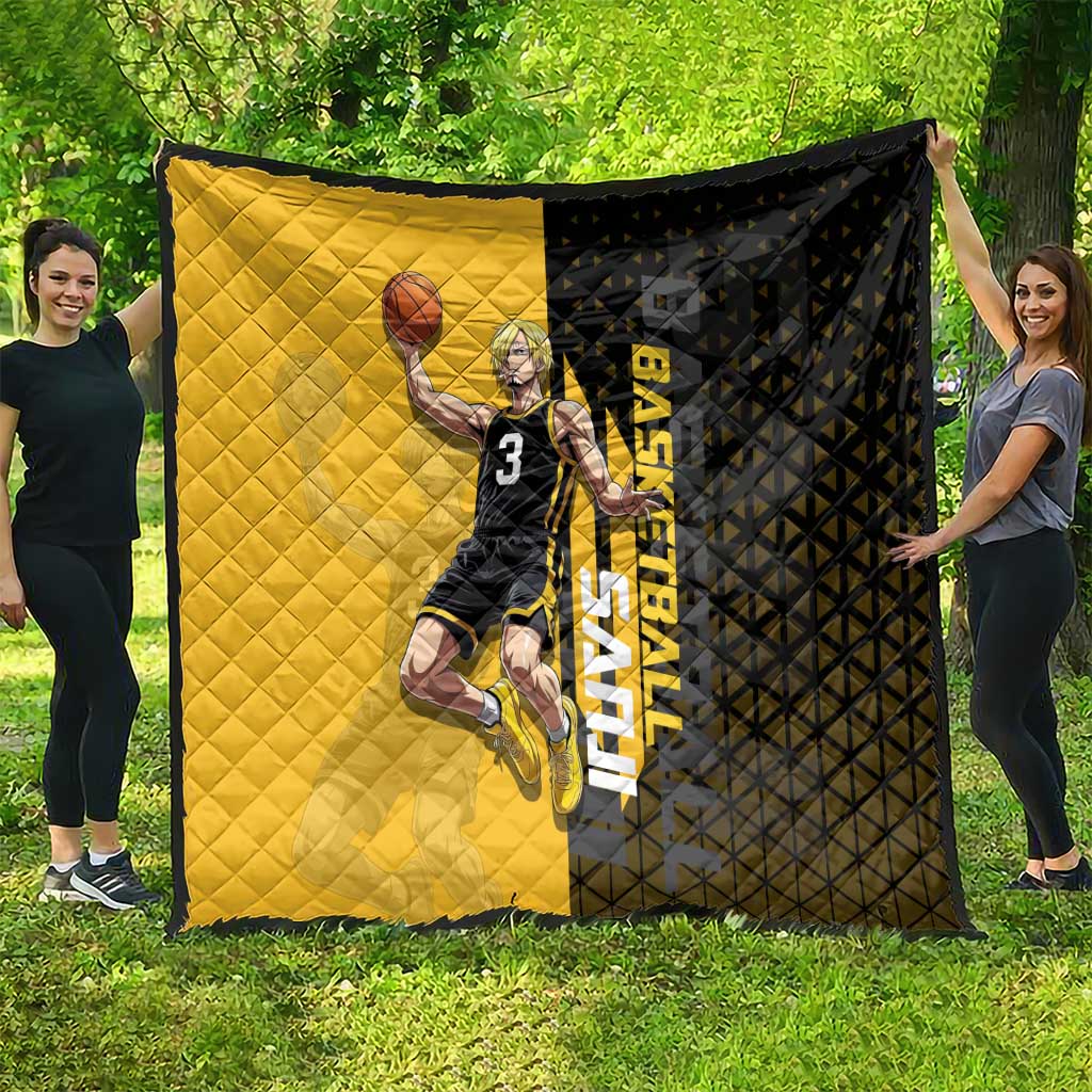 Sanji One Piece Basketball Theme Yellow and Black Design Quilt with Pirate Chef Logo and Jump Shot Pose - The Mazicc