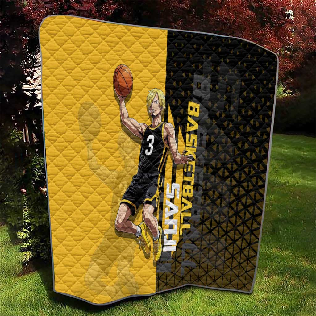 Sanji One Piece Basketball Theme Yellow and Black Design Quilt with Pirate Chef Logo and Jump Shot Pose - The Mazicc