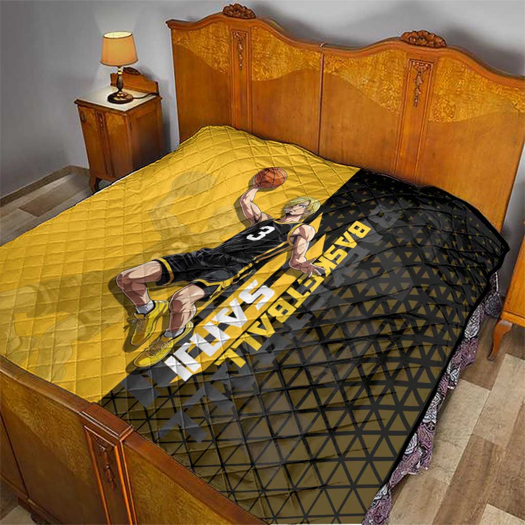 Sanji One Piece Basketball Theme Yellow and Black Design Quilt with Pirate Chef Logo and Jump Shot Pose - The Mazicc