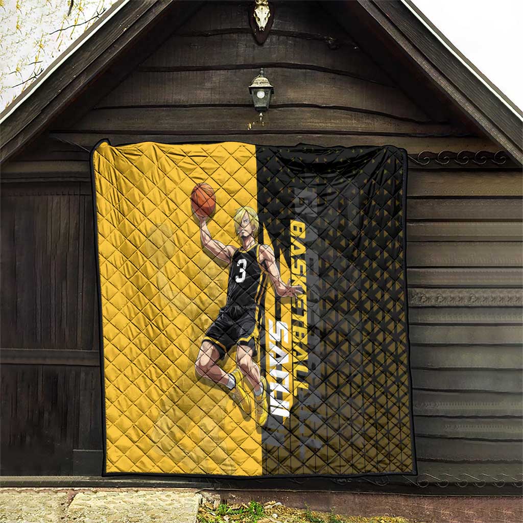 Sanji One Piece Basketball Theme Yellow and Black Design Quilt with Pirate Chef Logo and Jump Shot Pose - The Mazicc