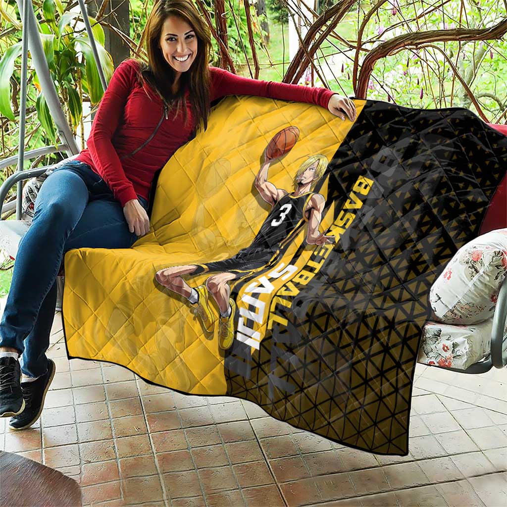 Sanji One Piece Basketball Theme Yellow and Black Design Quilt with Pirate Chef Logo and Jump Shot Pose - The Mazicc