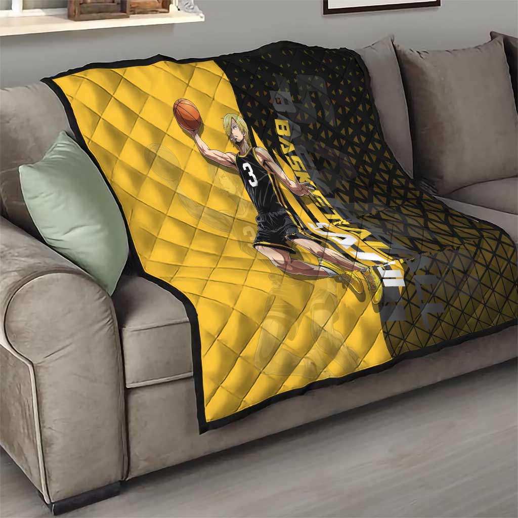 Sanji One Piece Basketball Theme Yellow and Black Design Quilt with Pirate Chef Logo and Jump Shot Pose - The Mazicc