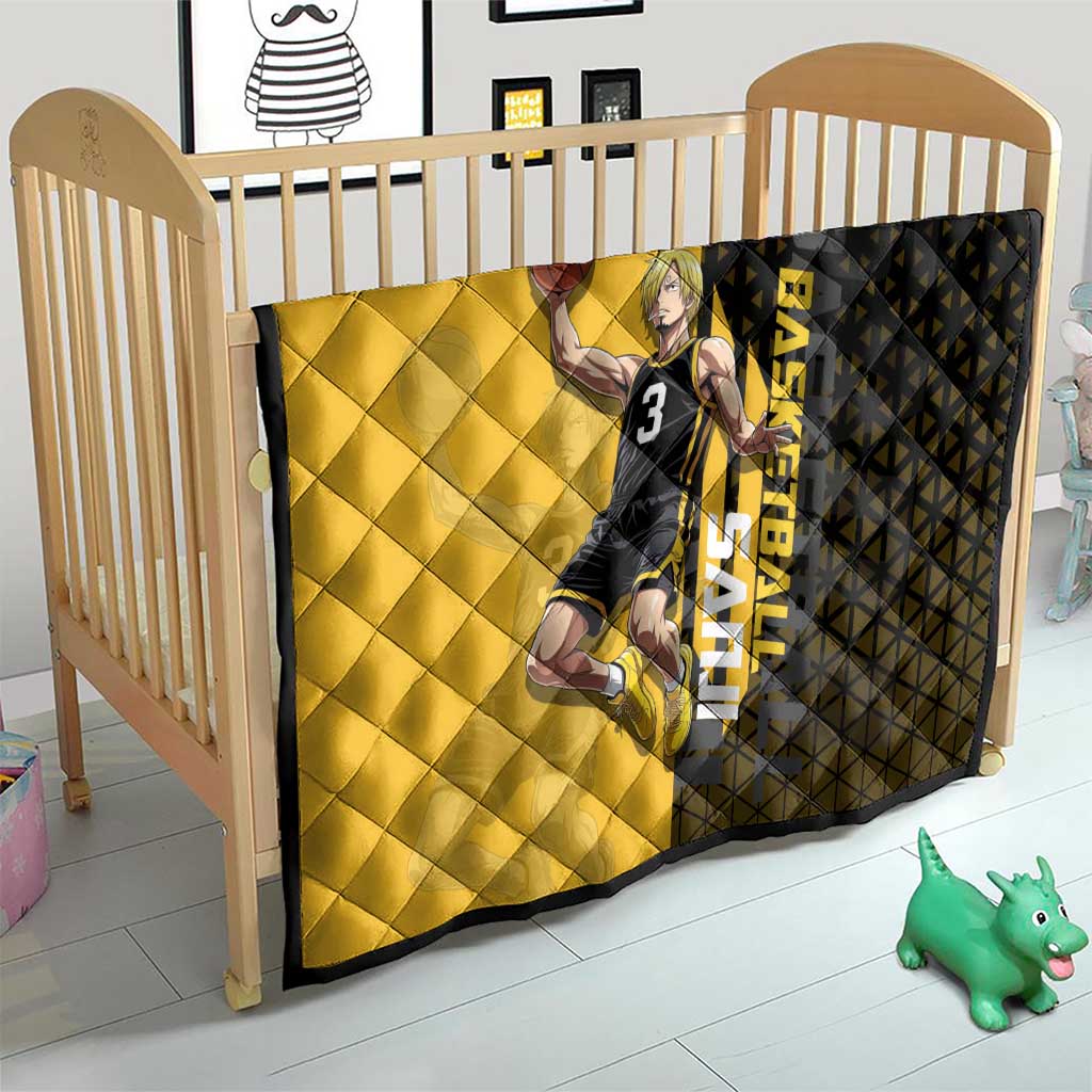 Sanji One Piece Basketball Theme Yellow and Black Design Quilt with Pirate Chef Logo and Jump Shot Pose - The Mazicc