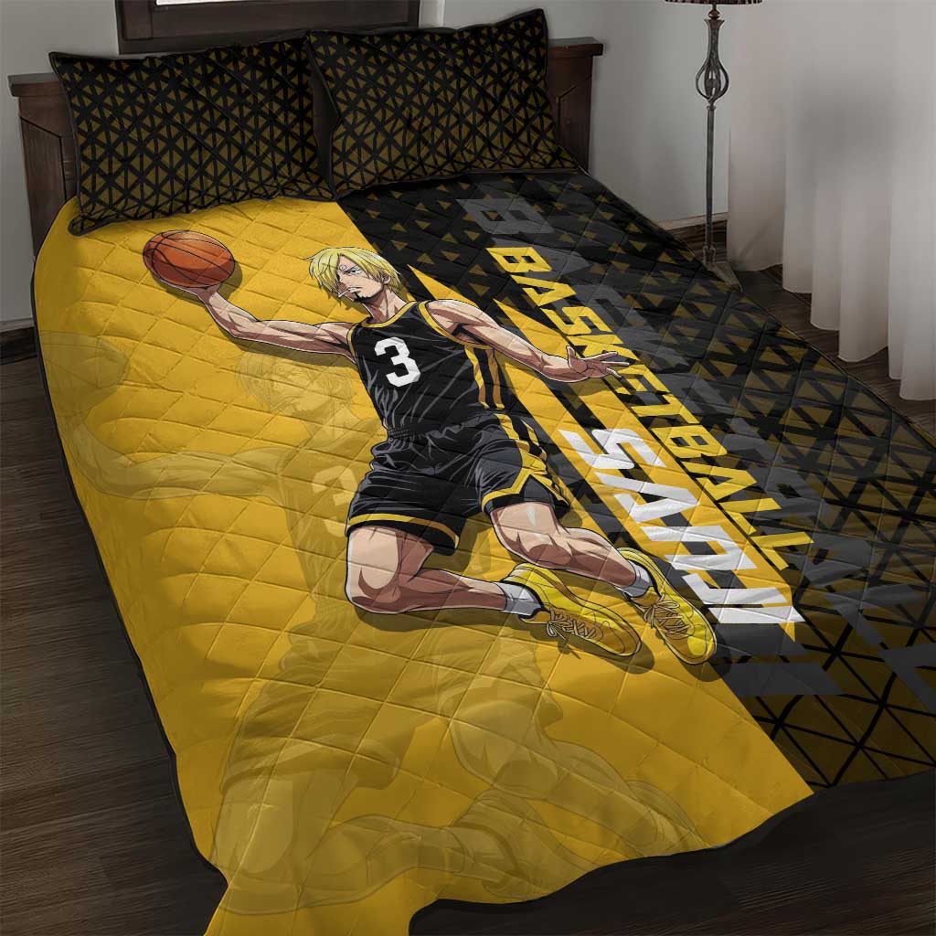 Sanji One Piece Basketball Theme Yellow and Black Design Quilt Bed Set with Pirate Chef Logo and Jump Shot Pose - The Mazicc