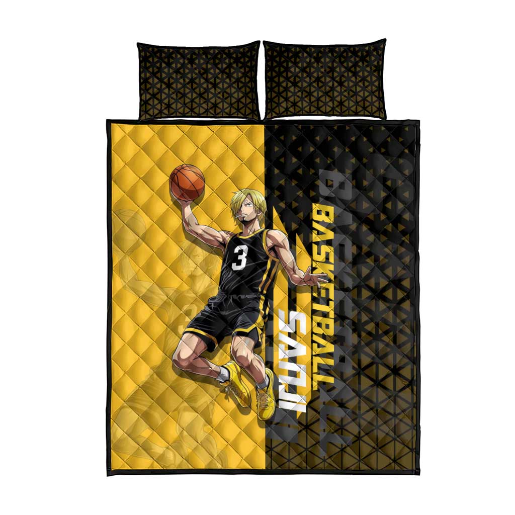 Sanji One Piece Basketball Theme Yellow and Black Design Quilt Bed Set with Pirate Chef Logo and Jump Shot Pose - The Mazicc
