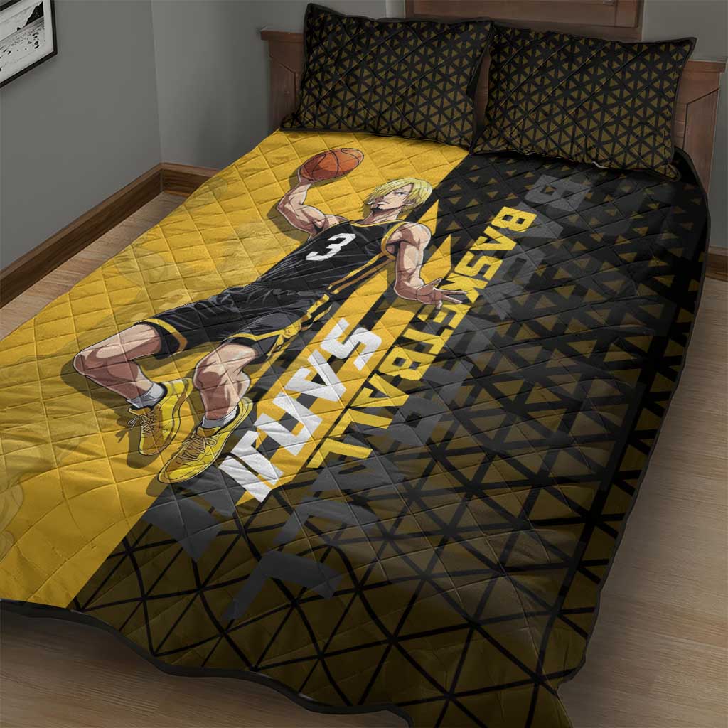 Sanji One Piece Basketball Theme Yellow and Black Design Quilt Bed Set with Pirate Chef Logo and Jump Shot Pose - The Mazicc