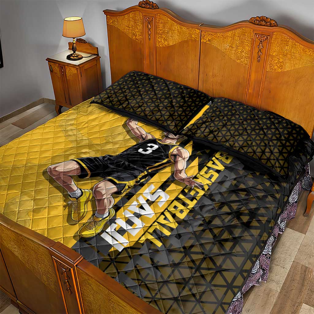 Sanji One Piece Basketball Theme Yellow and Black Design Quilt Bed Set with Pirate Chef Logo and Jump Shot Pose - The Mazicc