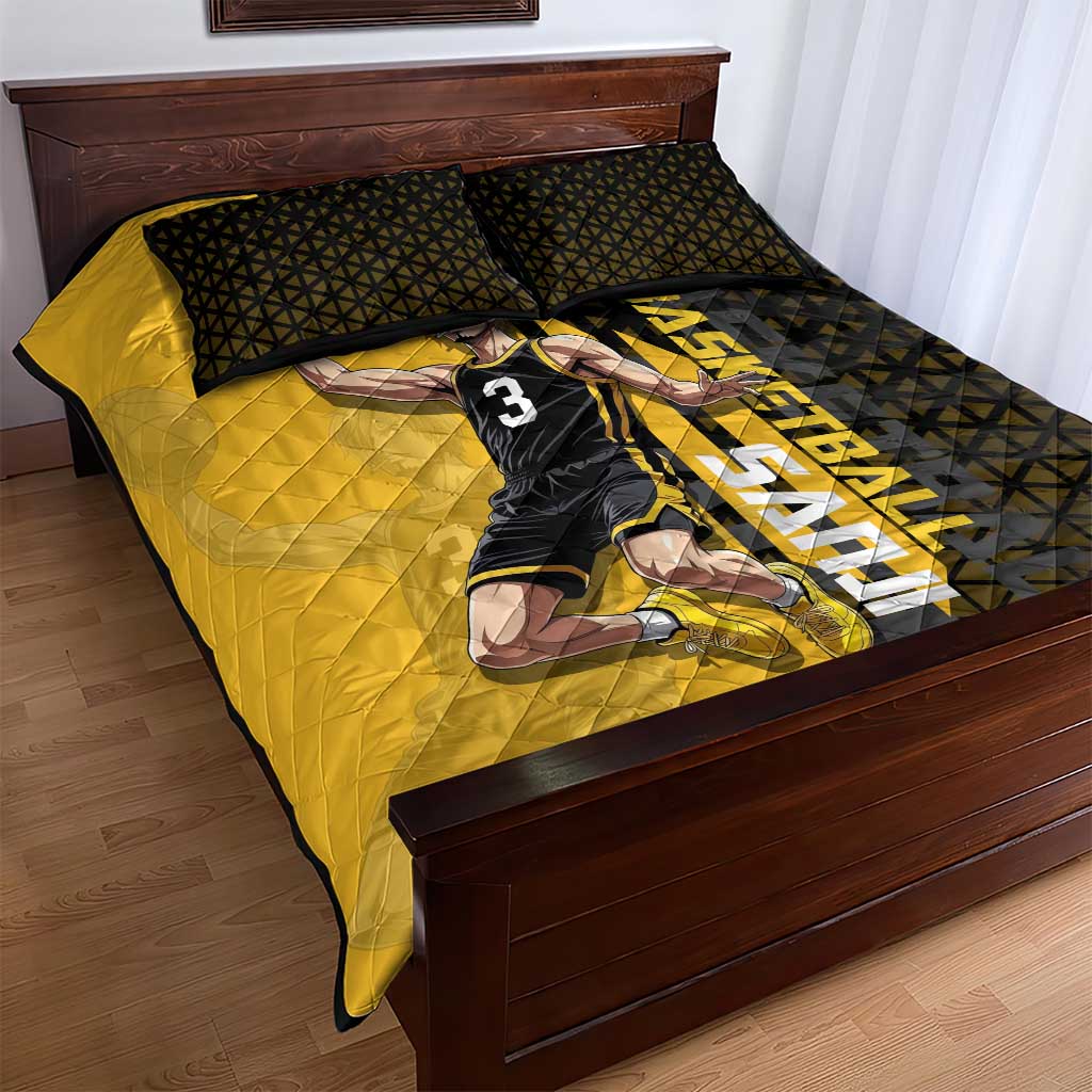 Sanji One Piece Basketball Theme Yellow and Black Design Quilt Bed Set with Pirate Chef Logo and Jump Shot Pose - The Mazicc