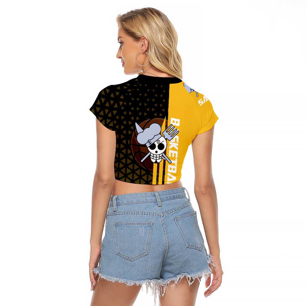 Sanji One Piece Basketball Theme Yellow and Black Design Raglan Cropped T Shirt with Pirate Chef Logo and Jump Shot Pose - The Mazicc
