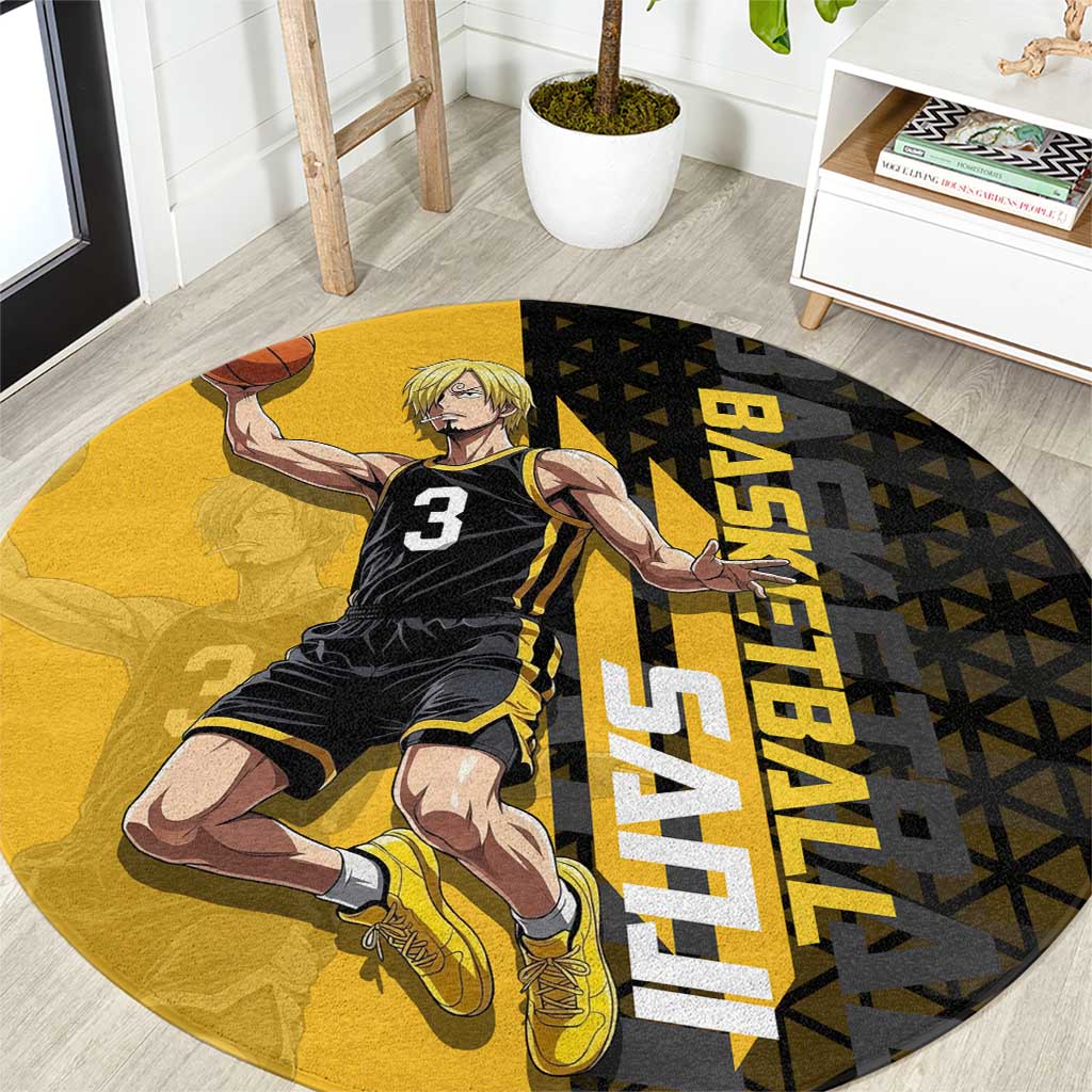 Sanji One Piece Basketball Theme Yellow and Black Design Round Carpet with Pirate Chef Logo and Jump Shot Pose - The Mazicc