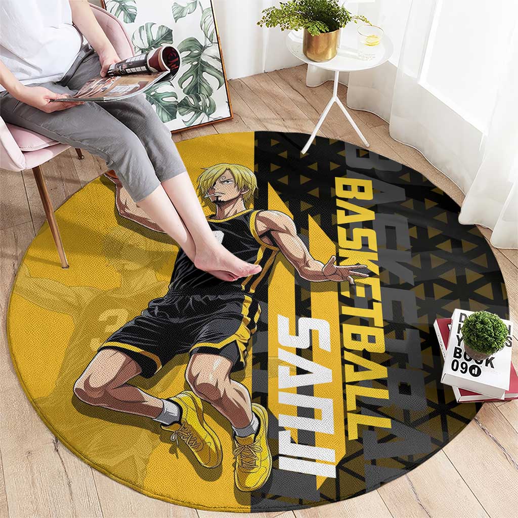 Sanji One Piece Basketball Theme Yellow and Black Design Round Carpet with Pirate Chef Logo and Jump Shot Pose - The Mazicc