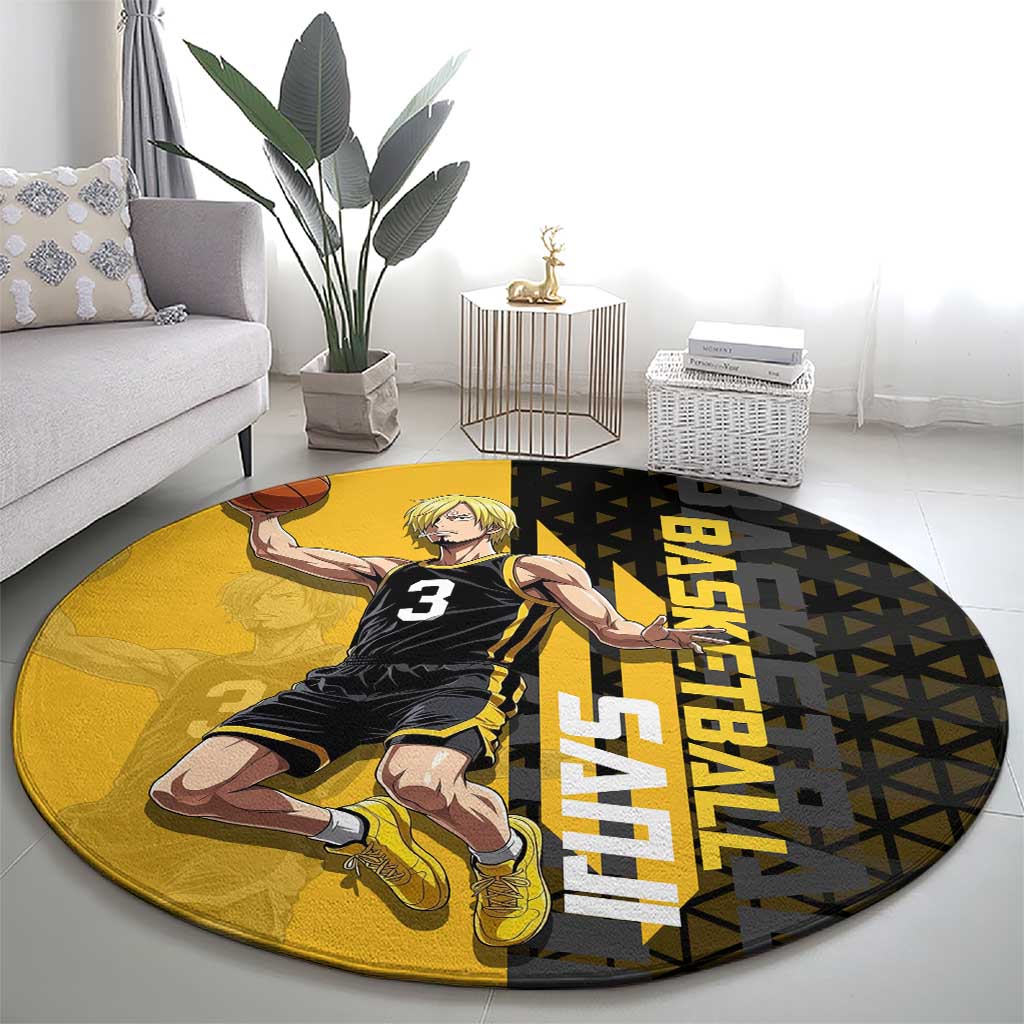Sanji One Piece Basketball Theme Yellow and Black Design Round Carpet with Pirate Chef Logo and Jump Shot Pose - The Mazicc