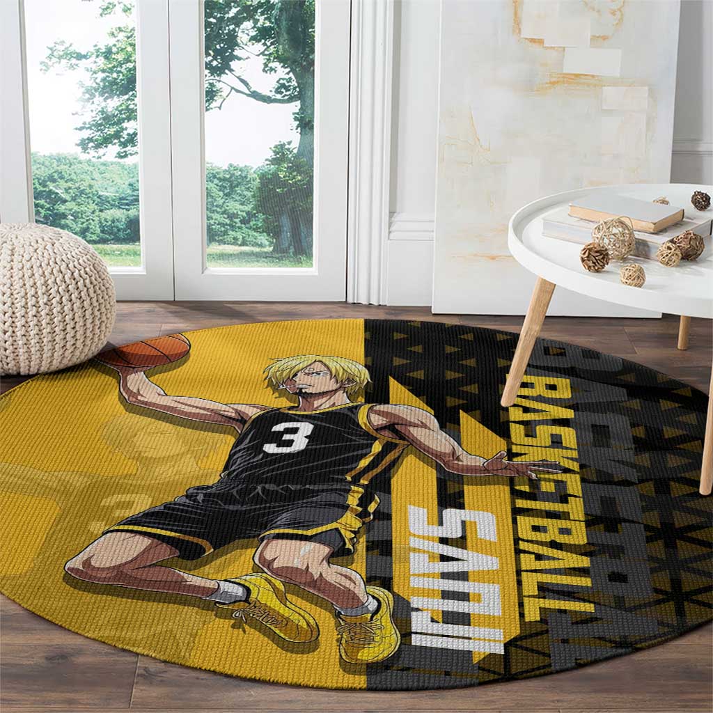Sanji One Piece Basketball Theme Yellow and Black Design Round Carpet with Pirate Chef Logo and Jump Shot Pose - The Mazicc
