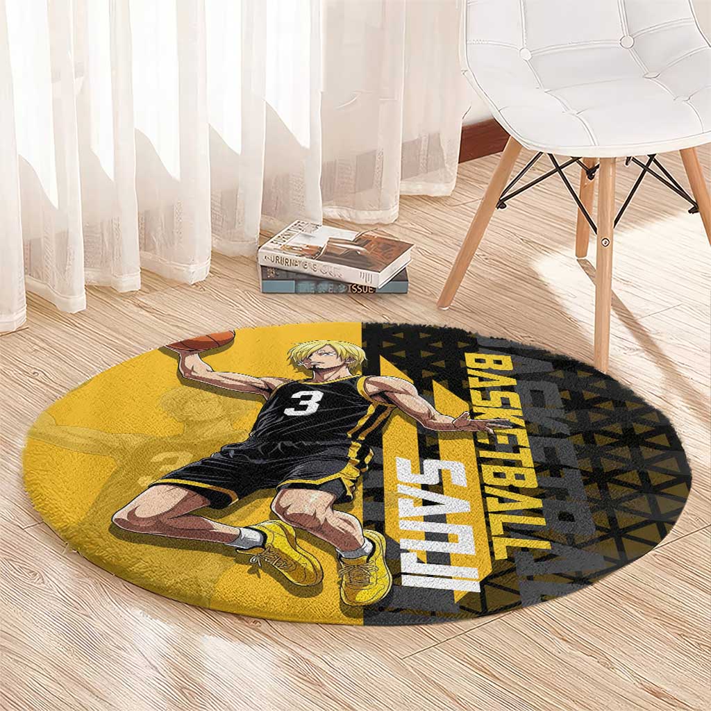 Sanji One Piece Basketball Theme Yellow and Black Design Round Carpet with Pirate Chef Logo and Jump Shot Pose - The Mazicc