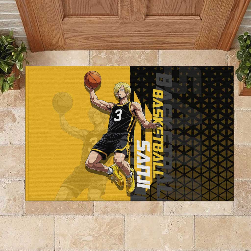 Sanji One Piece Basketball Theme Yellow and Black Design Rubber Doormat with Pirate Chef Logo and Jump Shot Pose - The Mazicc
