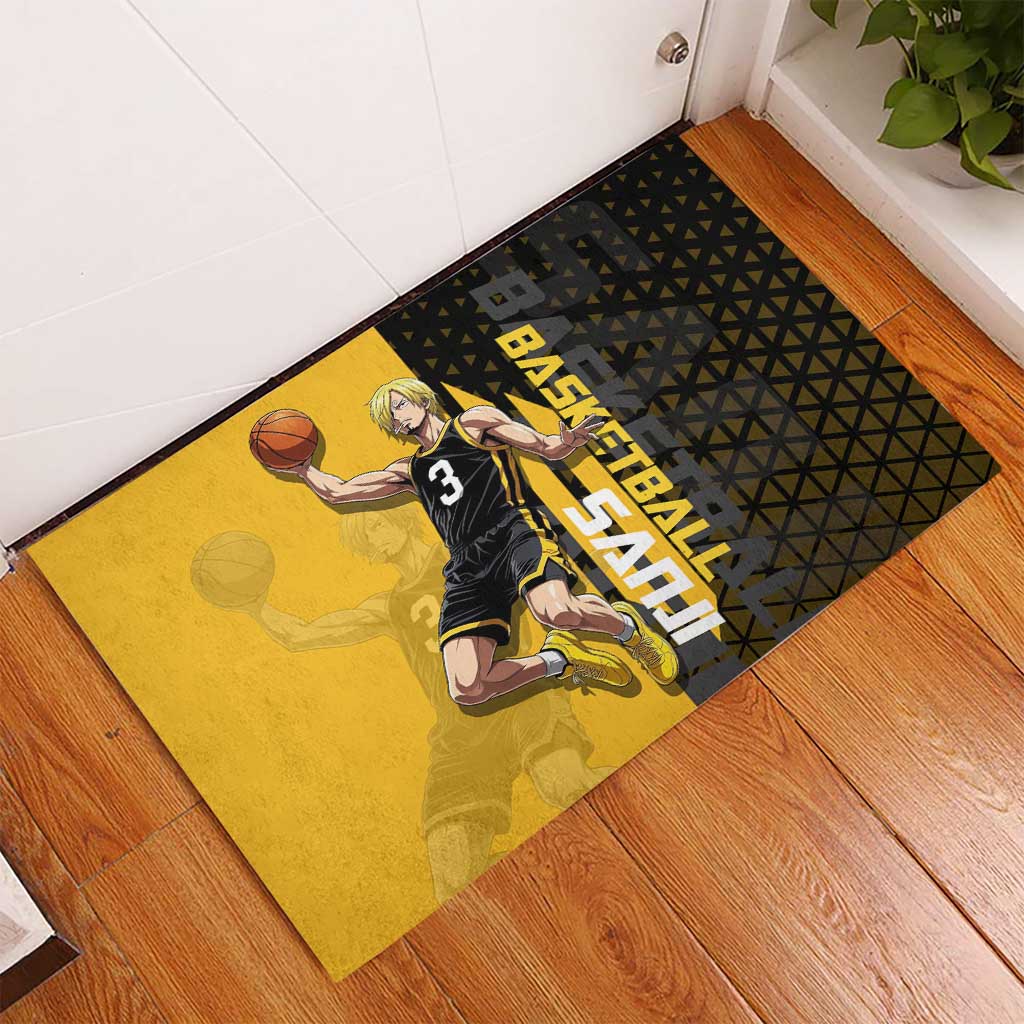 Sanji One Piece Basketball Theme Yellow and Black Design Rubber Doormat with Pirate Chef Logo and Jump Shot Pose - The Mazicc