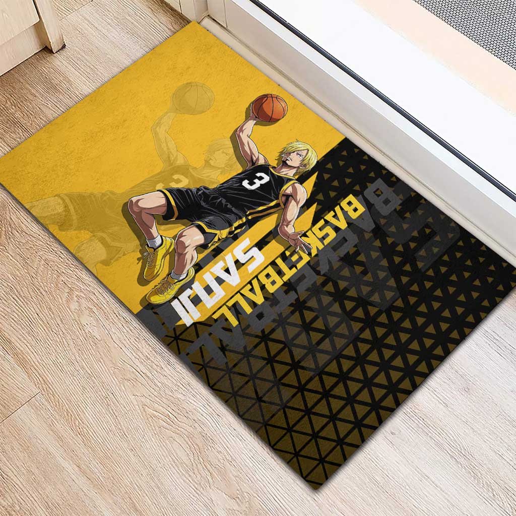 Sanji One Piece Basketball Theme Yellow and Black Design Rubber Doormat with Pirate Chef Logo and Jump Shot Pose - The Mazicc