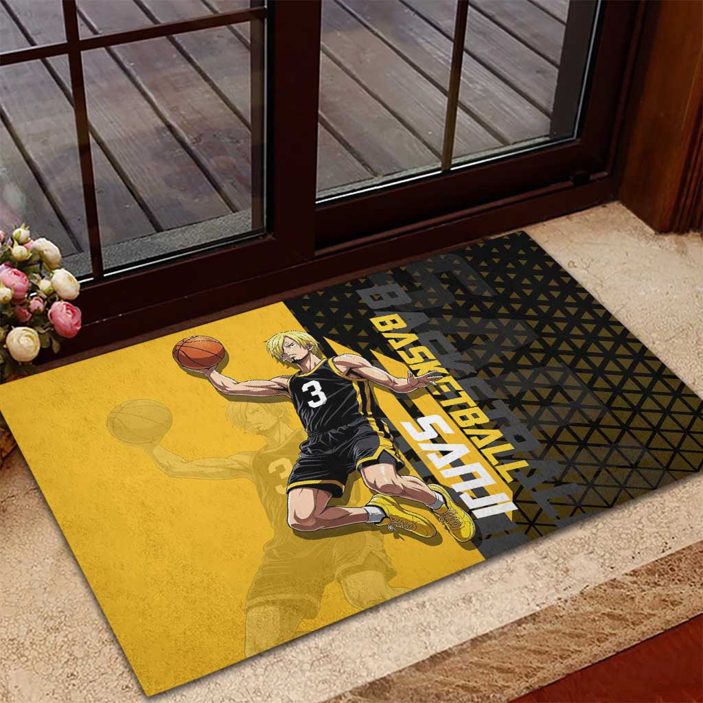 Sanji One Piece Basketball Theme Yellow and Black Design Rubber Doormat with Pirate Chef Logo and Jump Shot Pose - The Mazicc
