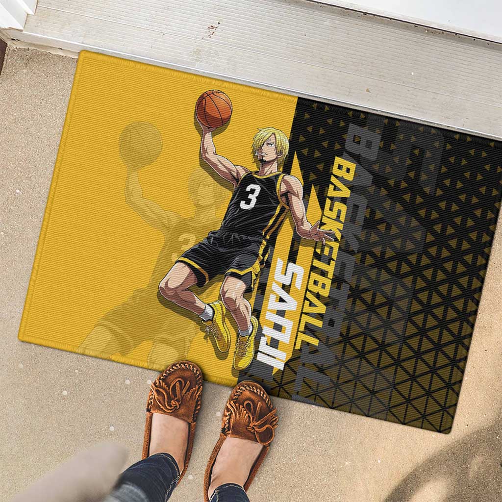 Sanji One Piece Basketball Theme Yellow and Black Design Rubber Doormat with Pirate Chef Logo and Jump Shot Pose - The Mazicc