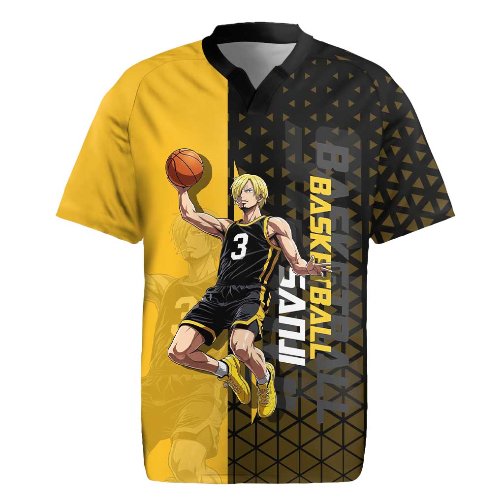 Sanji One Piece Basketball Theme Yellow and Black Design Rugby Jersey with Pirate Chef Logo and Jump Shot Pose - The Mazicc