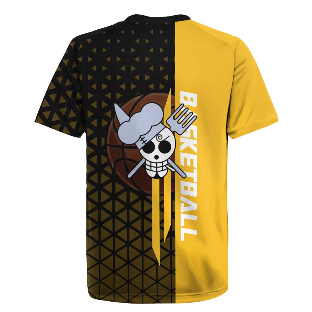 Sanji One Piece Basketball Theme Yellow and Black Design Rugby Jersey with Pirate Chef Logo and Jump Shot Pose - The Mazicc