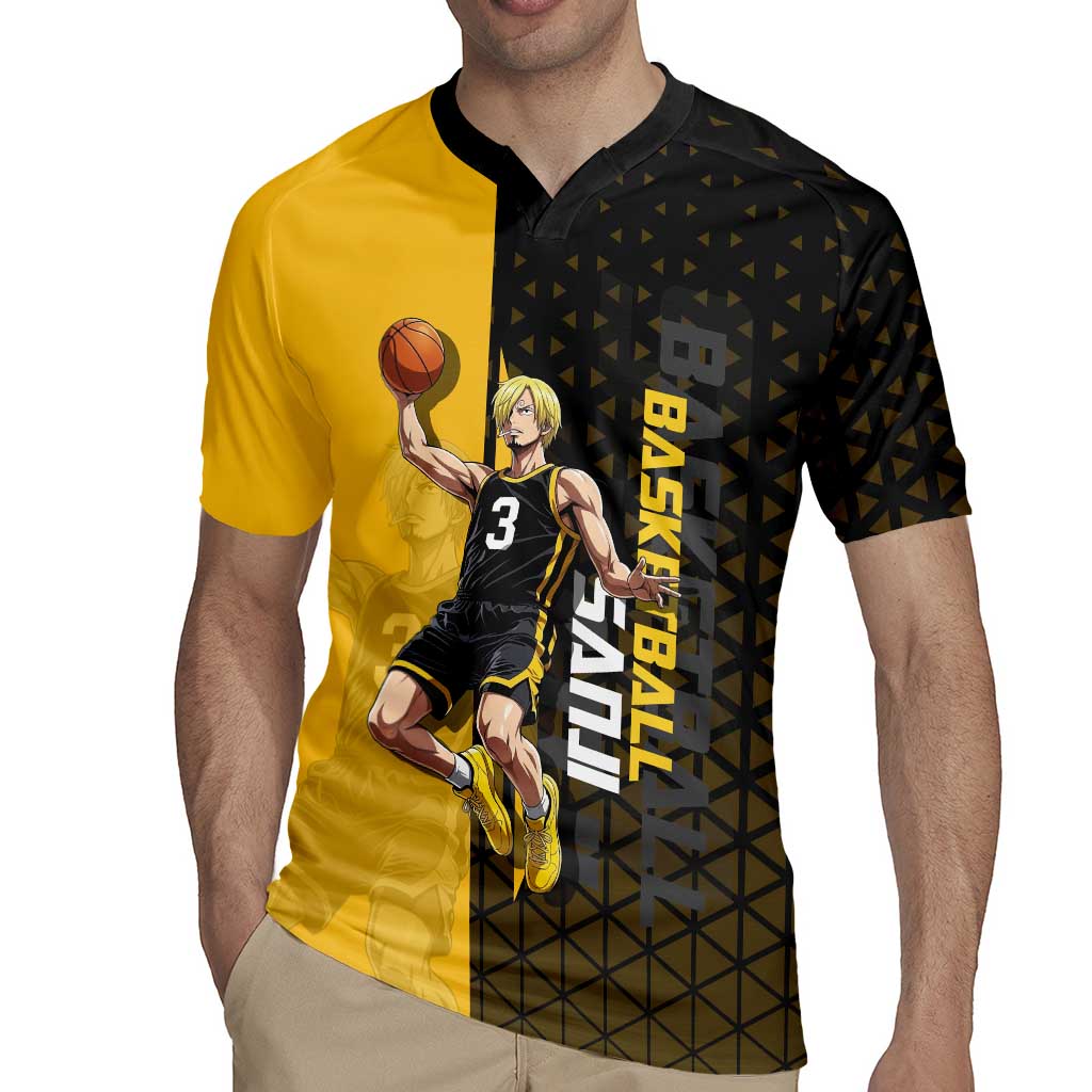 Sanji One Piece Basketball Theme Yellow and Black Design Rugby Jersey with Pirate Chef Logo and Jump Shot Pose - The Mazicc