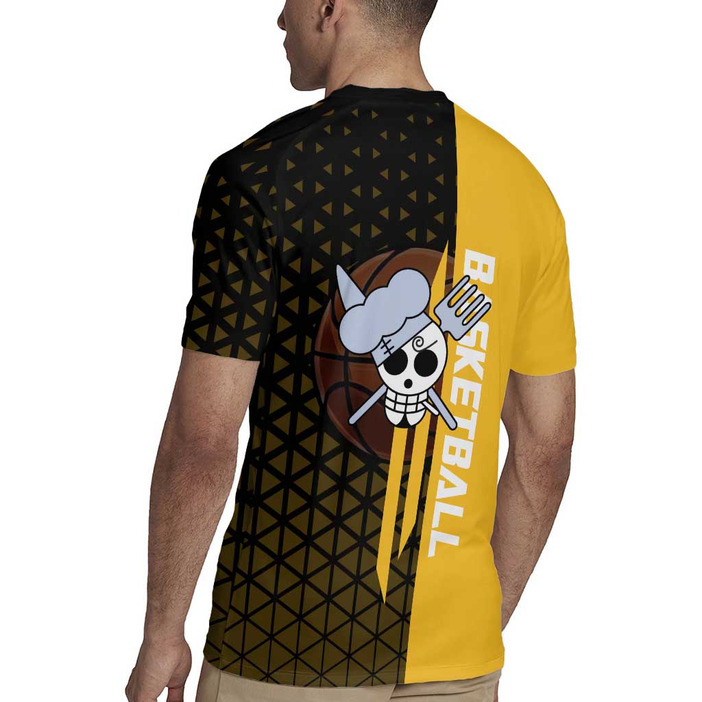 Sanji One Piece Basketball Theme Yellow and Black Design Rugby Jersey with Pirate Chef Logo and Jump Shot Pose - The Mazicc
