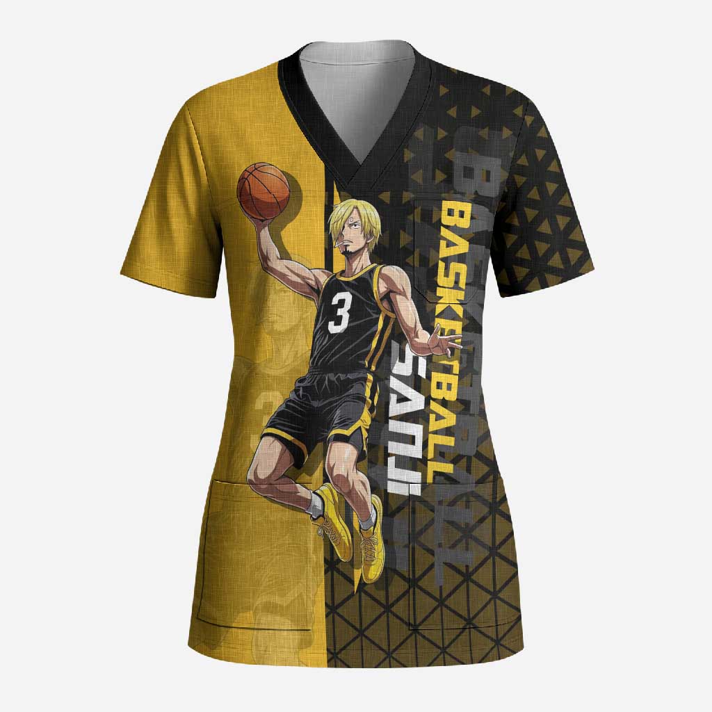 Sanji One Piece Basketball Theme Yellow and Black Design Scrub Top with Pirate Chef Logo and Jump Shot Pose - The Mazicc