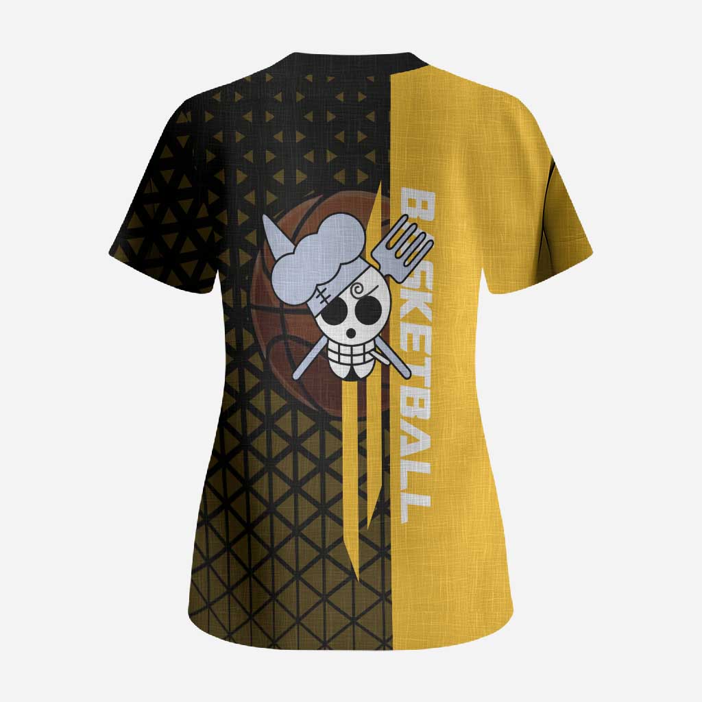 Sanji One Piece Basketball Theme Yellow and Black Design Scrub Top with Pirate Chef Logo and Jump Shot Pose - The Mazicc