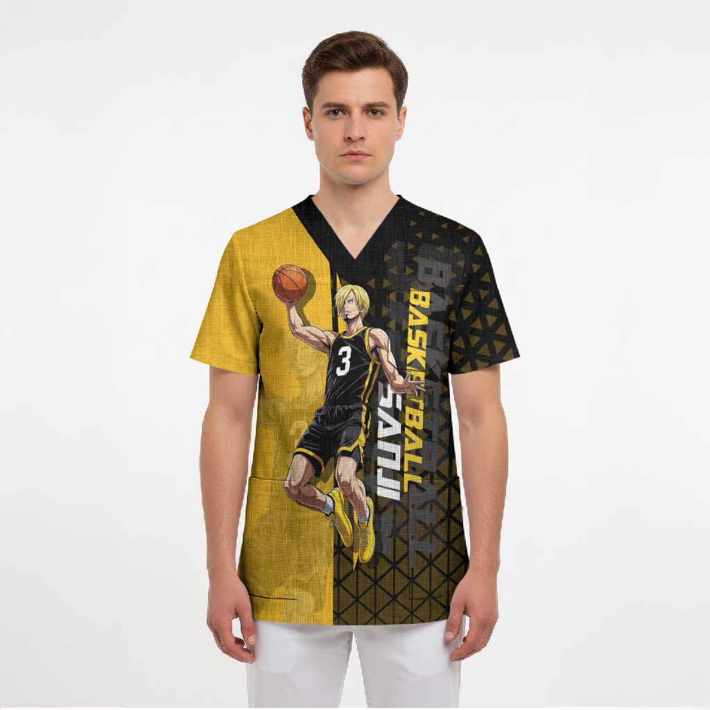 Sanji One Piece Basketball Theme Yellow and Black Design Scrub Top with Pirate Chef Logo and Jump Shot Pose - The Mazicc