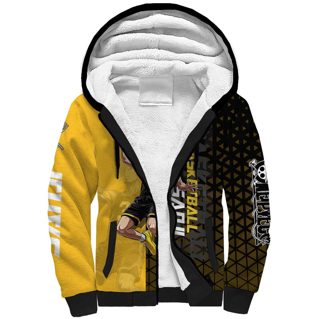 Sanji One Piece Basketball Theme Yellow and Black Design Sherpa Hoodie with Pirate Chef Logo and Jump Shot Pose - The Mazicc