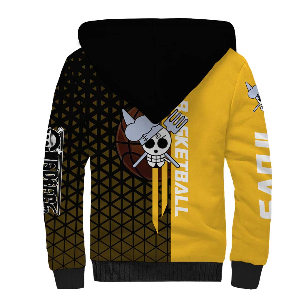 Sanji One Piece Basketball Theme Yellow and Black Design Sherpa Hoodie with Pirate Chef Logo and Jump Shot Pose - The Mazicc