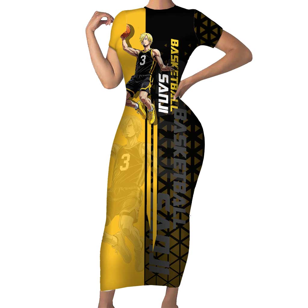 Sanji One Piece Basketball Theme Yellow and Black Design Short Sleeve Bodycon Dress with Pirate Chef Logo and Jump Shot Pose - The Mazicc