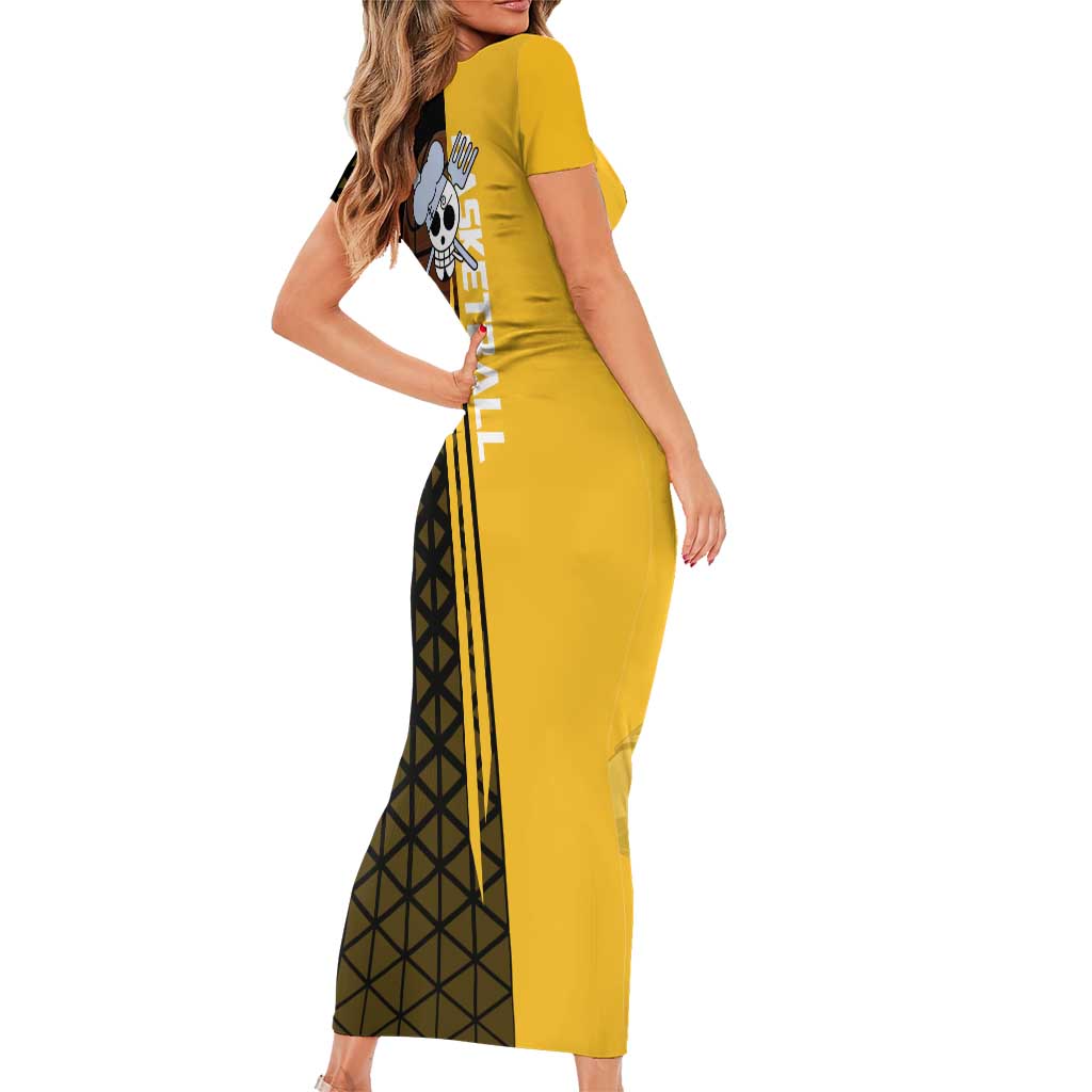 Sanji One Piece Basketball Theme Yellow and Black Design Short Sleeve Bodycon Dress with Pirate Chef Logo and Jump Shot Pose - The Mazicc