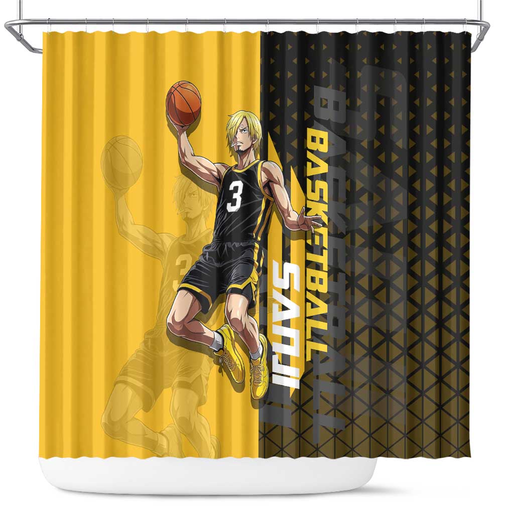 Sanji One Piece Basketball Theme Yellow and Black Design Shower Curtain with Pirate Chef Logo and Jump Shot Pose - The Mazicc