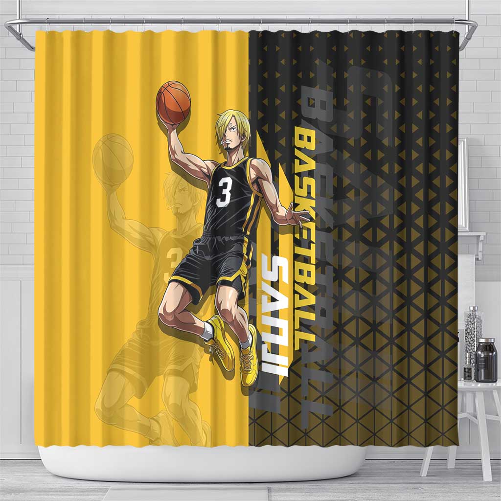 Sanji One Piece Basketball Theme Yellow and Black Design Shower Curtain with Pirate Chef Logo and Jump Shot Pose - The Mazicc